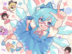  &gt;_&lt; 6+girls :d ? animal_ears apron bare_shoulders black_hair black_shirt black_skirt black_vest blazer blonde_hair blue_eyes blue_hair blue_ribbon braid broken_vase broom carrot_necklace chibi circled_9 cirno clock closed_eyes collar detached_sleeves equation fairy frog_hat glasses hair_ornament hair_ribbon hair_tubes hakurei_reimu hat highres ice ice_wings inaba_tewi jacket japanese_clothes jewelry kirisame_marisa long_hair math medium_hair minus_sign mochidzuki_chikage moriya_suwako multiple_girls necklace necktie nontraditional_miko pencil pink_skirt plus_sign pointing pointing_up purple_eyes rabbit_ears red_eyes red_necktie red_ribbon red_shirt red_skirt reisen_udongein_inaba ribbon shirt short_hair sitting skirt sleeveless smile sparkle star_(symbol) tongue tongue_out touhou vest waist_apron white_background white_collar white_shirt white_sleeves wings witch_hat xd yellow_eyes 