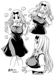  :d blush bow breasts closed_eyes dress female flower fujiwara_chika greyscale hairbow highres itou_yuuji kaguya-sama_wa_kokurasetai_~tensai-tachi_no_renai_zunousen~ large_breasts long_hair monochrome multiple_views open_mouth pinafore_dress ribbon school_uniform short_sleeves shuuchiin_academy_school_uniform simple_background sleeveless sleeveless_dress smile translated white_background 