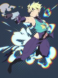  1boy aetherion armpits black_pants blonde_hair chromatic_aberration commission earrings gun highleg highres jewelry male_focus original otoko_no_ko pants second-party_source short_hair sin_juyo_(tealstarranger) smile smoke solo weapon 