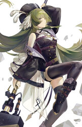  absurdres arknights bare_shoulders belt black_belt black_dress black_footwear black_headwear black_jacket black_ribbon black_thighhighs breasts dress feather_hair feathers feet_out_of_frame female green_eyes green_hair hammer highres holding holding_hammer holding_weapon id_card jacket long_hair long_sleeves looking_at_viewer morales_(morales38643) multicolored_clothes multicolored_jacket poncirus_(arknights) purple_belt purple_eyes ribbon simple_background small_breasts solo thighhighs thighs turtleneck weapon white_jacket 