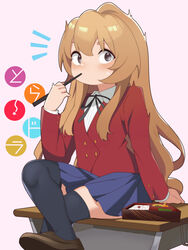  aisaka_taiga black_ribbon black_thighhighs blazer blue_skirt brown_eyes brown_footwear brown_hair buttoned_cuffs buttons chopsticks chopsticks_in_mouth collared_shirt commentary_request desk double-breasted female foot_out_of_frame hand_up highres holding holding_chopsticks jacket light_blush long_hair long_sleeves neck_ribbon notice_lines on_desk oohashi_high_school_uniform pleated_skirt red_jacket ribbon sakurami_sumi school_desk school_uniform shirt shoes sitting skirt solo thighhighs toradora! trembling white_shirt 