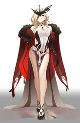  bare_shoulders black_gloves black_mask blonde_hair blue_eyes blush breasts cape chela77 cleavage collarbone commentary dress elbow_gloves female full_body fur-trimmed_cape fur_trim genshin_impact gloves grey_skirt highres lace-trimmed_eyepatch large_breasts long_hair looking_at_viewer pelvic_curtain signora_(genshin_impact) skirt solo standing symbol-only_commentary white_dress 