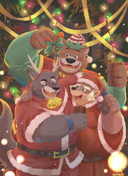  2021 absurd_res anthro aotoaka arm_around_shoulders badger bear black_nose blush brown_body brown_fur canid canine canis christmas christmas_clothing christmas_headwear christmas_tree clothing costume disney friar_tuck fur group hand_on_shoulder hat headgear headwear hi_res holidays holly_(plant) hug humanoid_hands little_john male mammal mustelid musteline overweight overweight_male plant robin_hood_(disney) santa_costume santa_hat sheriff sheriff_of_nottingham smolderingbrand tree wolf 