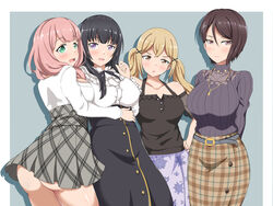  4girls :d :o absurdres arms_behind_back ass asymmetrical_hair bang_dream! bare_shoulders belt black_camisole black_hair black_ribbon black_skirt blonde_hair blue_background blush border breasts brown_skirt buttons camisole cleavage collarbone commentary_request covered_nipples cowboy_shot crossed_bangs detached_sleeves drop_shadow english_commentary floral_print frilled_shirt_collar frills green_belt green_eyes grey_skirt hair_between_eyes hair_ornament hand_up hands_on_own_hips high-waist_skirt highres hug ichigaya_arisa jewelry large_breasts leo_j_low long_hair long_skirt long_sleeves looking_at_viewer low_twintails mixed-language_commentary multiple_girls neck_ribbon necklace no_panties open_mouth pink_eyes pink_hair plaid plaid_skirt purple_eyes purple_skirt ribbed_sweater ribbon see-through shirokane_rinko shirt shirt_tucked_in short_hair sidelocks simple_background single_sidelock skirt smile standing striped_clothes striped_shirt sweater trait_connection twintails uehara_himari vertical-striped_clothes vertical-striped_shirt white_border white_shirt wind wind_lift x_hair_ornament yashio_rui yellow_eyes 