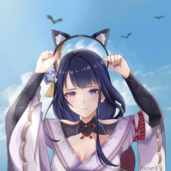  absurdres animal_ear_fluff animal_ears artist_name bird blue_hair blush braid breasts cat_ears cleavage closed_mouth cloud cloudy_sky commentary dark_blue_hair day english_commentary eyeliner fake_animal_ears female fingernails flower genshin_impact hair_flower hair_ornament highres holding holding_hairband japanese_clothes kimono kitsun8 large_breasts long_hair long_sleeves looking_at_viewer makeup mole mole_under_eye purple_eyes purple_flower purple_nails raiden_shogun ribbon simple_background sky solo tassel wide_sleeves 