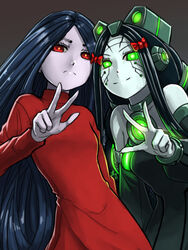  2girls alma_(f.e.a.r.) android black_dress black_hair black_sleeves blue_hair bow colored_sclera colored_skin commentary_request crossover detached_sleeves dress expressionless f.e.a.r. glowing glowing_eyes green_eyes green_sclera green_skin hairbow long_dress long_hair looking_at_viewer multiple_girls neon_trim pale_skin parted_hair personification red_bow red_dress red_eyes robot_ears s.h.o.d.a.n. smile substance20 system_shock turtleneck turtleneck_dress v very_long_hair 