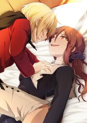  1boy absurdres azami_masurao blonde_hair brown_eyes brown_hair commentary_request female grabbing grabbing_another&#039;s_breast green_eyes grin hair_ornament hair_scrunchie highres hood hoodie long_hair mario_gallo_bestino mole mole_under_mouth noel_(tsukihime) nun on_bed red_hoodie scrunchie shorts side_ponytail smile straight sweat traditional_nun tsukihime tsukihime_(remake) white_shorts 