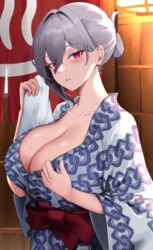  after_bathing asymmetrical_sidelocks blush breasts cleavage collarbone commission female folded_ponytail grey_hair highres holding holding_towel huge_breasts japanese_clothes kimono long_sleeves looking_at_viewer masaki_nanaya original pink_eyes skeb_commission solo towel wide_sleeves yukata 