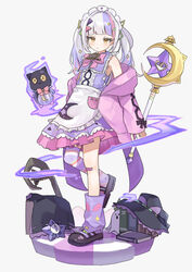  absurdres apron black_footwear book bow bowtie closed_mouth commentary_request crescent dress female full_body grey_background grey_hair hair_ornament hairclip hat highres holding holding_wand hololive jacket long_hair long_sleeves looking_at_viewer loose_socks magic magical_girl maid_day multicolored_hair murasaki_shion murasaki_shion_(magical_girl_maid) off_shoulder oisiimizu open_clothes open_jacket orange_eyes pink_bow pink_bowtie pink_hair pink_jacket pink_skirt purple_dress purple_hair purple_socks simple_background skirt sleeveless sleeveless_dress sleeves_past_wrists socks solo standing standing_on_one_leg streaked_hair unworn_hat unworn_headwear virtual_youtuber wand white_apron witch_hat 