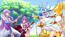  4girls absurdres amplifier band bass_guitar blonde_hair blue_bow blue_bowtie blue_choker blue_dress blue_gloves blue_sky blurry blurry_background bow bowtie brooch choker commentary cure_blossom cure_marine cure_moonlight cure_sunshine day depth_of_field dress drum drum_set drumsticks elbow_gloves electric_guitar fingerless_gloves frilled_cuffs frown gloves gretsch_6120 grey_dress guitar hair_ornament hairbow hanasaki_tsubomi headbanging heart heart_brooch heartcatch_precure! highres holding holding_drumsticks holding_instrument instrument jewelry jumping kurumi_erika long_hair magical_girl medium_dress microphone microphone_stand multiple_girls music myoudouin_itsuki open_mouth outdoors pink_bow pink_bowtie pink_choker pink_dress pink_hair playing_instrument precure puffy_short_sleeves puffy_sleeves purple_eyes purple_hair satou_yasu short_dress short_sleeves singing sitting sky standing thighhighs tree tsukikage_yuri twintails very_long_hair white_legwear yellow_dress yellow_eyes 