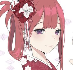  alternate_costume atelier_live blush close-up english_commentary eyebrows_hidden_by_hair female hair_behind_ear hair_ornament hair_rings highres japanese_clothes kani_kanizawa kimono looking_at_viewer mole mole_under_eye portrait purple_eyes red_hair smile solo tagicrabbu virtual_youtuber yukata 