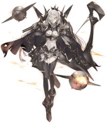  abyssal_ship armor black_cape bow_(weapon) breasts cape enemy_aircraft_(kancolle) european_armored_aircraft_carrier_princess female full_body gauntlets glowing glowing_eye highres holding holding_bow_(weapon) holding_weapon kantai_collection konishi_(koconatu) large_breasts long_hair official_art pale_skin parted_lips quiver solo tachi-e torn_cape torn_clothes transparent_background weapon white_hair yellow_eyes 