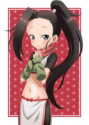  asa_no_ha_(pattern) black_hair black_shorts blush brown_eyes crop_top female fingerless_gloves forehead gloves green_gloves high_ponytail highres kunoichi_tsubaki_no_mune_no_uchi long_hair midriff navel ninja outside_border pelvic_curtain red_scarf riokasen scarf short_sleeves shorts tsubaki_(kunoichi_tsubaki_no_mune_no_uchi) 