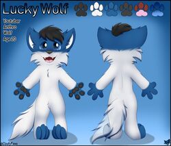  anthro black_border border canid canine canis cloufy color_swatch hi_res lucky_wolf male mammal model_sheet smile solo wolf 