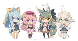  4girls :d ahoge animal_ear_fluff animal_ears black_bow blue_eyes blue_hair bow breasts bright_pupils chibi cleavage commentary_request curled_horns curly_hair full_body green_eyes green_hair hairbow hat horns kuromiya kuromiya_raika_(kuromiya) kuzakura_mika_(kuromiya) large_breasts looking_at_viewer low_twintails multicolored_hair multiple_girls open_mouth orange_hair orange_thighhighs original pink_hair purple_eyes red_headwear sheep_girl sheep_horns shiromiya_asuka_(kuromiya) simple_background smile souma_ren_(kuromiya) standing tail thighhighs twintails two-tone_hair white_background white_hair white_pupils yellow_bow 