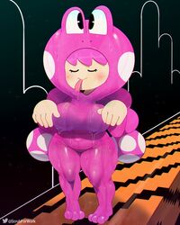  amphibian big_breasts blush bodily_fluids bodysuit breasts closed_eyes clothed clothing costume drooling female frog frog_suit fursuit glistening glistening_clothing hair hat headgear headwear hi_res humanoid long_tongue mammal mario_bros nintendo not_furry pink_hair saliva short_stack skinsuit smile solo somescrub standing suit thick_thighs tight_clothing toad_(mario) toadette tongue tongue_out wide_hips 