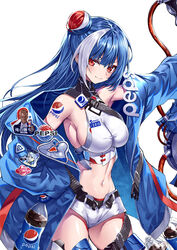  armored_boots armpits badge bare_shoulders belt black_panties blue_gloves blue_hair blue_jacket boots breasts cleavage close-up cowboy_shot crop_top female gloves groin hair_bun heirou highres holding honda_keisuke jacket large_breasts long_hair long_sleeves looking_at_viewer meme midriff multicolored_hair navel off_shoulder open_clothes open_fly open_jacket original outstretched_arm panties pepsi pepsi_japan_cola_challenge_(meme) pepsiman pepsiman_(game) red_eyes shirt short_shorts shorts shoulder_tattoo simple_background single_hair_bun single_side_bun sleeveless sleeveless_shirt sleeveless_turtleneck smile soda soda_bottle solo stomach strap sword tattoo thighhighs thighs turtleneck two-tone_hair underwear v-shaped_eyebrows weapon white_background white_shirt white_shorts 