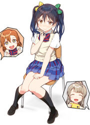  3girls blue_hair blush bow bowtie chair commentary_request full_body hair_between_eyes hand_in_own_hair kosaka_honoka long_hair looking_at_viewer love_live! love_live!_school_idol_project minami_kotori multiple_girls otonokizaka_school_uniform pleated_skirt red_bow red_bowtie school_uniform shirt short_sleeves simple_background sitting skirt skull573 solo_focus sonoda_umi striped_bow striped_bowtie striped_clothes summer_uniform twintails white_background white_shirt 