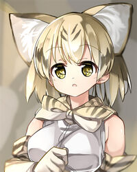  animal_ears blonde_hair bow bowtie cat_ears commentary_request elbow_gloves extra_ears female gloves highres kemono_friends looking_at_viewer numenume_(powa-ogutyogutyo) open_mouth portrait print_bow print_bowtie print_gloves sand_cat_(kemono_friends) sand_cat_print shirt short_hair sleeveless sleeveless_shirt solo white_shirt yellow_bow yellow_bowtie yellow_eyes yellow_gloves 