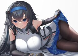  absurdres bare_shoulders black_gloves black_hair black_pantyhose blue_eyes blue_hairband blue_skirt blush breasts crossed_bangs elbow_gloves female girls&#039;_frontline gloves hairband highres large_breasts looking_at_viewer lying mole mole_under_eye on_side pantyhose parted_lips rynzfrancis simple_background skirt smile solo super_sass_(girls&#039;_frontline) super_sass_(mod3)_(girls&#039;_frontline) thighband_pantyhose white_background 