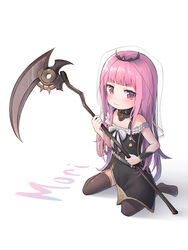  aged_down black_dress blunt_bangs bow bracer character_name detached_collar dress english_commentary female highres holding holding_scythe hololive hololive_english long_hair looking_to_the_side mori_calliope mori_calliope_(1st_costume) pink_eyes pink_hair red_eyes scythe sitting solo thighhighs tiara tofumang v-shaped_eyebrows veil virtual_youtuber wariza white_background white_bow 