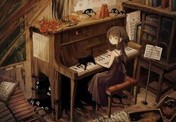  1other ai_ai_gasa bad_link bandaid black_cat book brown_dress brown_hair cat_hair_ornament chalkboard closed_mouth crying dress feline female flower from_behind full_body hair_ornament hands horror_(theme) indoors instrument long_dress long_hair looking_to_the_side mariyasu metronome music_stand original painting_(object) piano piano_bench red_flower red_rose rose sheet_music sitting sleeveless sleeveless_dress smile spaghetti_strap speaker spirit streaming_tears tears upright_piano xylophone yellow_eyes 