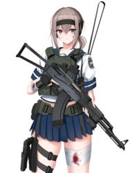  akm assault_rifle bandaged_arm bandaged_leg bandages blood blood_on_bandages blue_skirt commentary escape_from_tarkov female fubuki_(kancolle) grey_eyes grey_hair gun handgun highres holding holding_gun holding_weapon holster kalashnikov_rifle kantai_collection low_ponytail miniskirt pleated_skirt rifle rynn_(rynn_cube) school_uniform serafuku short_ponytail short_sleeves sidelocks skirt solo thigh_holster thigh_strap trigger_discipline weapon 