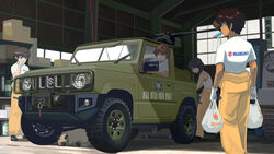  4girls bad_id bad_nicoseiga_id bag black_footwear bob_cut brown_hair browning_m2 closed_eyes closed_mouth clothes_around_waist clothes_writing commentary dark-skinned_female dark_skin emblem feline food food_in_mouth garage girls_und_panzer gloves green_eyes grocery_bag gun hand_to_own_mouth heavy_machine_gun highres holding holding_bag hoshino_(girls_und_panzer) indoors jeep jumpsuit leaning_forward logo long_sleeves looking_at_another machine_gun mechanic motor_vehicle mouth_hold multiple_girls nakajima_(girls_und_panzer) ooarai_(emblem) orange_jumpsuit painttool_sai_(medium) pickup_truck popsicle shadow shirt shoes shopping_bag short_hair short_sleeves smile standing suzuki_(company) suzuki_(girls_und_panzer) suzuki_jimny t-shirt tank_top technical tomboy translated truck tsuchiya_(girls_und_panzer) uniform vehicle_focus weapon white_gloves white_shirt winch yamachan_(niconico2951569) 