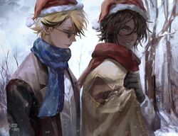  2boys black_hair blonde_hair blue_eyes chocolate_(food_fantasy) coffee_(food_fantasy) dark-skinned_male dark_skin food_fantasy gloves hat multiple_boys poncho santa_hat scarf short_hair smile sunglasses susurro-yo winter winter_clothes 