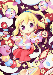  :o aikei_ake beads blonde_hair brown_footwear cherry_blossom_print chibi commentary_request female floral_print hair_beads hair_ornament hakama hakama_skirt hands_up high_ponytail highres japanese_clothes kimono long_sleeves looking_at_viewer multicolored_hair original parted_lips ponytail print_kimono purple_eyes purple_hair rattle_drum red_hakama sandals skirt socks solo two-tone_hair white_kimono white_socks wide_sleeves zouri 