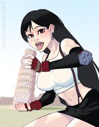  batterbee black_hair black_skirt blue_sky breasts covered_nipples cowboy_shot crop_top earrings elbow_gloves fellatio female final_fantasy final_fantasy_vii fingerless_gloves forced_perspective gloves italian_senate_porn_livestream_(meme) jewelry large_breasts leaning_tower_of_pisa long_hair meme midriff navel open_mouth oral phallic_symbol red_eyes red_gloves sexually_suggestive simulated_fellatio skirt sky solo suspender_skirt suspenders tank_top tifa_lockhart tongue tongue_out white_tank_top 