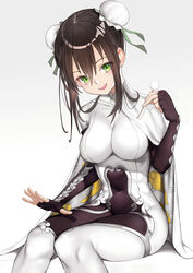  :d absurdres bodysuit breasts bun_cover cape chinese_clothes covered_navel double_bun fate/grand_order fate_(series) female fingerless_gloves gloves green_eyes hair_bun highres lap_pillow_invitation mimikaki nyatabe open_mouth patting_lap qin_liangyu_(fate) sitting skin_tight smile solo white_bodysuit white_cape 