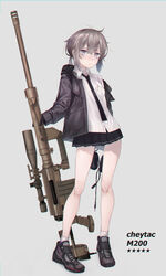  ahoge anti-materiel_rifle bare_legs black_gloves black_necktie black_skirt bolt_action breast_pocket breasts brown_jacket cable cheytac_m200 closed_mouth collared_shirt commentary dress_shirt english_text female full_body girls&#039;_frontline gloves grey_background gun hakua_mill headset highres holding holding_gun holding_weapon hood hood_down hooded_jacket jacket light_brown_hair looking_at_viewer loose_necktie low_ponytail m200_(girls&#039;_frontline) messy_hair muzzle_device necktie open_clothes open_jacket pen pleated_skirt pocket popped_collar purple_eyes purple_footwear rifle scope shirt shoes sidelocks skirt small_breasts sniper_rifle socks solo standing star_(symbol) untucked_shirt unworn_headwear weapon white_shirt white_socks zipper 