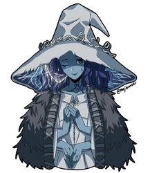  blue_eyes blue_hair blue_skin cloak colored_skin dress elden_ring extra_arms extra_faces female flat_chest fur_cloak hat highres looking_at_viewer maji_(majibomber) medium_hair one_eye_closed own_hands_together ranni_the_witch simple_background smile solo twitter_username upper_body white_background white_dress witch_hat 