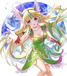  amazio_komeko blonde_hair blue_eyes breasts bridal_gauntlets cleavage dated dress feathers female flammie forehead_jewel green_dress head_wings long_hair riesz seiken_densetsu seiken_densetsu_3 solo wings 