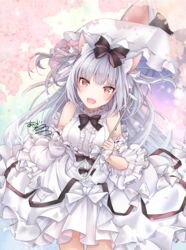  akatsuki_hijiri animal_ears azur_lane bare_shoulders black_bow blush bow breasts cat_ears dress female frills grey_hair hairbow long_hair looking_at_viewer oerba_yun_fang off_shoulder open_mouth smile solo white_bow white_dress yukikaze_(azur_lane) yukikaze_(sovereign_of_the_swing)_(azur_lane) 