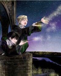  2boys albus_severus_potter black_hair black_robe blonde_hair childlock closed_eyes green_eyes green_necktie harry_potter_(series) harry_potter_and_the_cursed_child hogwarts_school_uniform holding holding_wand multiple_boys necktie night night_sky robe school_uniform scorpius_malfoy sky slytherin smile wand wizarding_world 