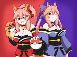  2girls animal_ear_fluff animal_ears animal_hands bare_shoulders bell blue_kimono blue_ribbon blush breasts cat_paws cleavage collar detached_sleeves fate/extra fate/grand_order fate_(series) fox_ears fox_girl fox_tail gloves grin hair_ribbon highres holding holding_poke_ball japanese_clothes jingle_bell keita_naruzawa kimono large_breasts looking_at_viewer multiple_girls neck_bell one_eye_closed parody paw_gloves pink_hair poke_ball pokemon ponytail red_kimono red_ribbon ribbon smile split_ponytail tail tamamo_(fate) tamamo_cat_(fate) tamamo_no_mae_(fate/extra) yellow_eyes 