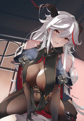  aegir_(azur_lane) azitama_atsushi_(attyuu) azur_lane bare_shoulders black_cape black_gloves black_legwear bodystocking boots breast_curtains breasts cape covered_navel cross cross-laced_clothes cross_earrings demon_horns earrings elbow_gloves female gloves hair_between_eyes hair_on_horn horns impossible_clothes indoors iron_cross jewelry knee_boots large_breasts long_hair looking_at_viewer multicolored_hair red_hair shirt single_knee_boot skin_tight streaked_hair two-tone_hair underbust very_long_hair white_hair white_shirt window yellow_eyes 