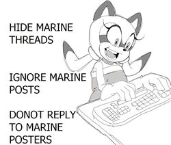  4chan anthro clothing countershading cute_fangs dipstick_hair english_text eye_markings eyelashes female fuckwolfamy furniture glistening glistening_eyes gloves handwear happy humanoid_hands humor keyboard mammal marine_the_raccoon markings open_mouth open_smile procyonid pupils raccoon sega shirt simple_background smile solo sonic_the_hedgehog_(series) table teeth teeth_showing text tongue topwear tube_top twintails_(hairstyle) typing white_background 