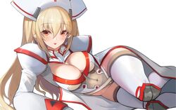  blonde_hair blush breasts cleavage cropped headdress leotard long_hair phantasy_star_online phantasy_star_online_2 pointed_ears pupps red_eyes thighhighs third-party_edit valgiris waifu2x white 