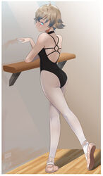  absurdres ahoge ass back ballerina ballet ballet_slippers barre black_leotard blonde_hair blue_eyes choker colored_tips commentary dance_studio english_commentary female highres ivanfx leotard mirror multicolored_hair original pantyhose pink_footwear short_hair sweat thighs white_pantyhose wooden_floor 