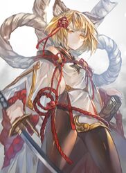  animal_ears bare_shoulders black_pantyhose blonde_hair detached_sleeves dog_ears erune female glaring granblue_fantasy highres hip_vent katana kiriyama2109 long_sleeves orange_eyes pantyhose short_hair solo sword vajra_(granblue_fantasy) weapon wide_sleeves 