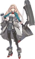  arrow_(projectile) black_gloves black_pantyhose blonde_hair bow bow_(weapon) breasts compound_bow corset female flight_deck flower full_body gloves green_eyes green_jacket hand_on_own_hip highres holding holding_bow_(weapon) holding_weapon jacket kantai_collection konishi_(koconatu) long_hair long_sleeves looking_at_viewer machinery medium_breasts multicolored_clothes official_art overskirt pantyhose quiver red_bow red_flower solo tachi-e tiara transparent_background turret victorious_(kancolle) weapon 