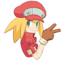  blonde_hair cabbie_hat closed_mouth female gloves green_eyes hat jacket long_hair looking_at_viewer mega_man_(series) mega_man_legends_(series) mega_man_legends_3 muu_(mumumer) red_jacket roll_caskett_(mega_man) simple_background smile solo v white_background 