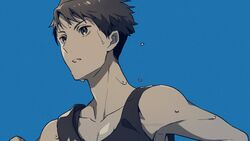  1boy bangs blue_background collarbone commentary from_side greyscale haiji_kiyose highres kaze_ga_tsuyoku_fuiteiru looking_to_the_side male_focus monochrome pectorals running sayshownen shirt short_hair simple_background sleeveless sleeveless_shirt solo sweat toned toned_male twitter_username upper_body watermark 