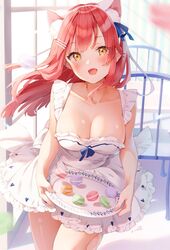  animal_ears apron bad_id bad_twitter_id blush breasts cat_ears cleavage fake_animal_ears female food highres holding holding_tray kinako_(shiratama_mochi) large_breasts liliya_(kaetzchen) long_hair looking_at_viewer macaron naked_apron open_mouth original pink_hair solo tray yellow_eyes 