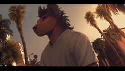  brown_hair caicyo clothed clothing ear_piercing ear_ring facial_piercing hair hi_res male mammal nose_piercing nose_ring palm_tree piercing plant ring_piercing solo tree unknown_species 