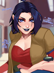  1girls 2022 big_breasts blue_eyes blue_hair blue_lipstick canon_genderswap cleavage english_text female female_only fully_clothed genderswap kurt_wagner marvel nightcrawler pov qt0ri rule_63 solo speech_bubble tagme text x-men x-men_evolution 