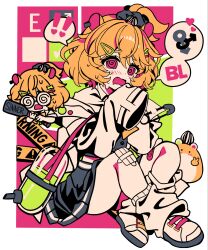  ! !! @_@ animal_ears bandaid bandaid_on_leg black_skirt blonde_hair chocola_vt eimi_isami female fujoshi full_body hair_between_eyes hair_ornament hair_scrunchie hairclip hamster_ears hamster_girl heart highres holding holding_paddle leg_warmers limited_palette looking_at_viewer open_mouth paddle phase_connect pink_eyes safety_pin scrunchie seed shoes skirt sleeves_past_wrists speech_bubble sunflower_seed sweat tongue virtual_youtuber 